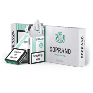 Soprano Menthol Superslims (Сопрано Ментол Суперслимс) Вкус: Ментол Крепость: 2 мг/0.1 мг Формат пачки: (Суперслимс)